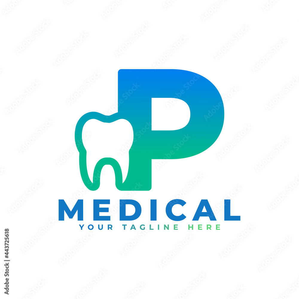 Dental Clinic Logo. Blue Shape Initial Letter P Linked with Tooth Symbol inside. Usable for Dentist, Dental Care and Medical Logos. Flat Vector Logo Design Ideas Template Element.