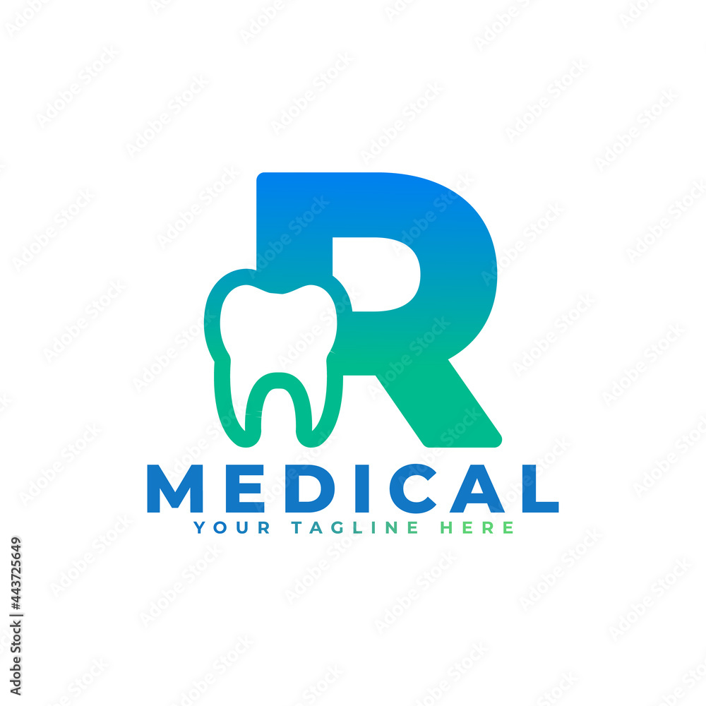 Dental Clinic Logo. Blue Shape Initial Letter R Linked with Tooth Symbol inside. Usable for Dentist, Dental Care and Medical Logos. Flat Vector Logo Design Ideas Template Element. Dental Clinic Logo. Blue Shape Initial Letter R Linked with Tooth Symbol inside. Usable for Dentist, Dental Care and Medical Logos. Flat Vector Logo Design Ideas Template Element.