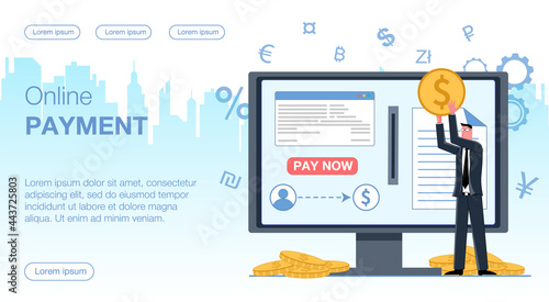 a man businessman puts a coin of gold money in the monitor screen to pay online next to lies gold and currency icons vector flat illustration