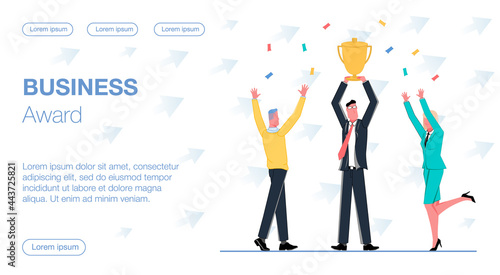 successful businessman won business award prize and holds a cup above his head around team woman and man are flying confetti vector flat illustration