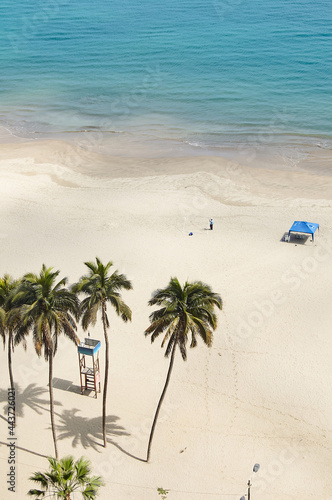 Aerial view of the sea, palm trees, lifeguard tower and with a man setting up tents. Pacific Ocean, Ecuador. Vertical photo.