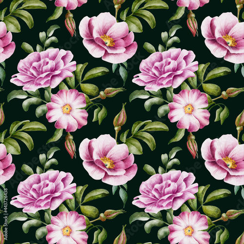 Beautiful watercolor floral seamless pattern with pink and lilac rose hips and green leaves on the dark green background. Elegant hand-drawn nature ornament for wrapping paper  fabric  paper for