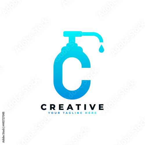Antibacterial Hand Sanitizer Logo. Initial Letter C with Hand Sanitizer Logo.