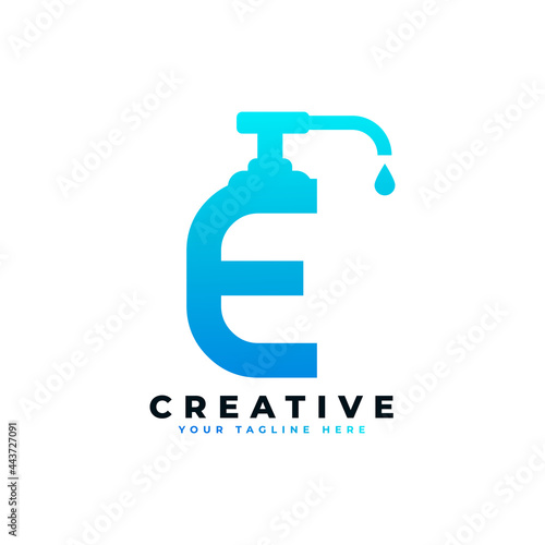 Antibacterial Hand Sanitizer Logo. Initial Letter E with Hand Sanitizer Logo.