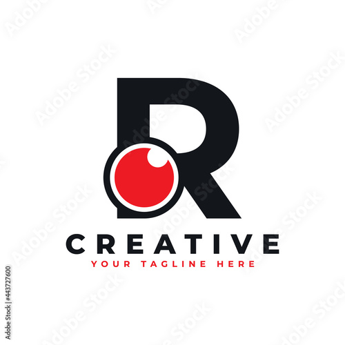 Abstract Eye Logo Letter R. Black Shape R Initial Letter with Red Eyeball inside. Use for Business and Technology Logos. Flat Vector Logo Design Ideas Template Element