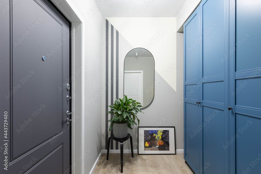 Entrance hallway in a modern design apartment: grey and white walls, built-in wardrobe. Safety home, high-quality front door - obrazy, fototapety, plakaty 
