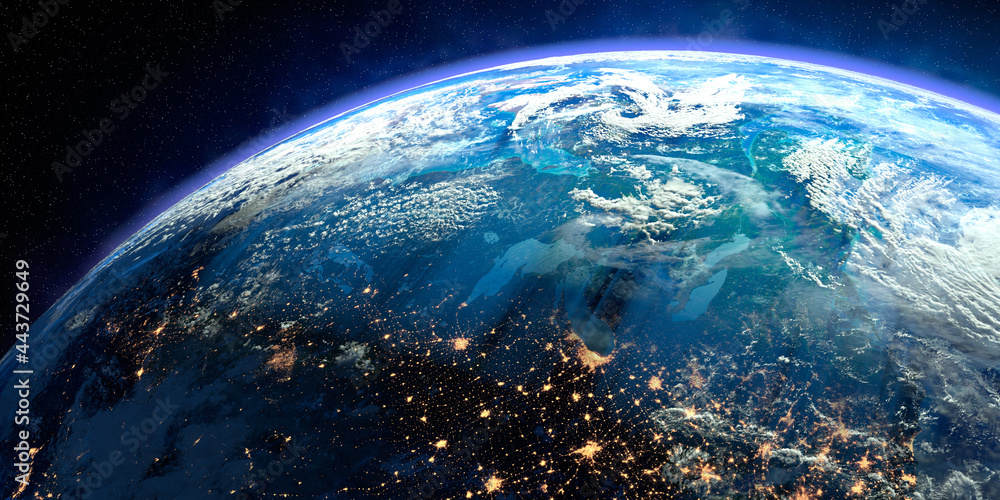 Obraz premium Planet Earth with exaggerated precise relief and volumetric atmosphere. Day-night transition. Canada and the northeastern United States. 3D rendering. Elements of this image furnished by NASA