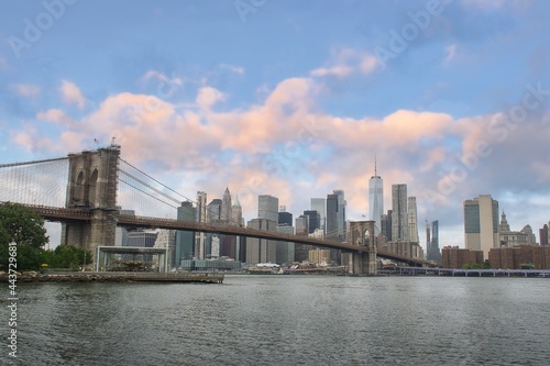 Panoramic view of Brooklyn bridge and Manhattan skyline in NYC