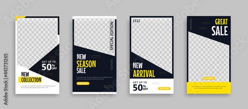 Set of Editable minimal square banner template. Blue yellow white background color with geometric shapes for social media post, story and web internet ads. Vector illustration 