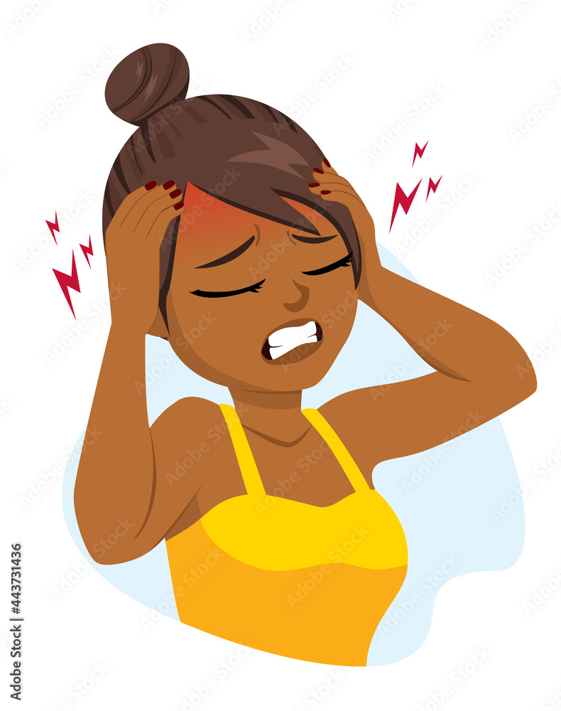 Black woman suffering a terrible headache with hands on head Black woman suffering a terrible headache with hands on head