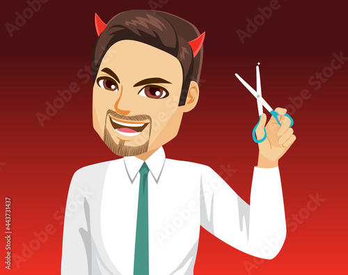 Evil businessman with devil horns holding scissors applying budget cuts concept
