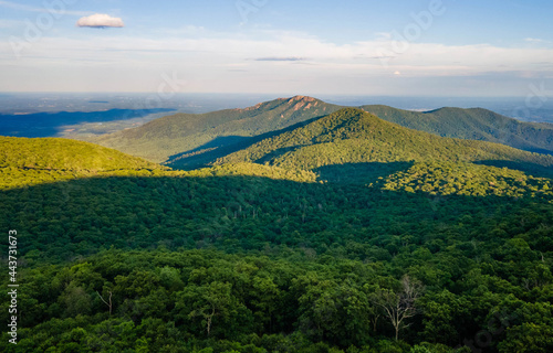 Scenic aerial overview of Shenandoah mountains and hills from above