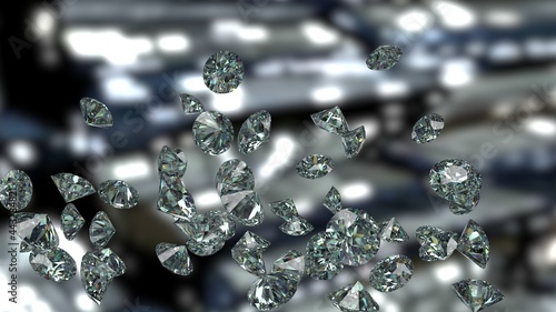 Fotografía Shiny Diamonds falling on black-blue lighting under space ship background