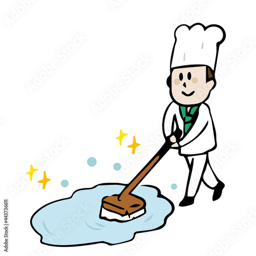 デッキブラシで床掃除をするコック