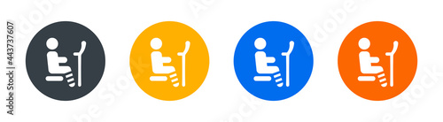 Patient with leg splint sitting on seat with crutch icon. Symbol of accessibility, accident, priority seat.