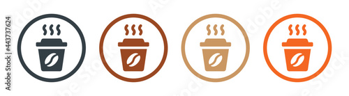 Hot coffee in paper cup icons set. Take away concept.