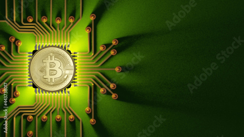 3D rendering bitcoin on the ic motherboard for investment.