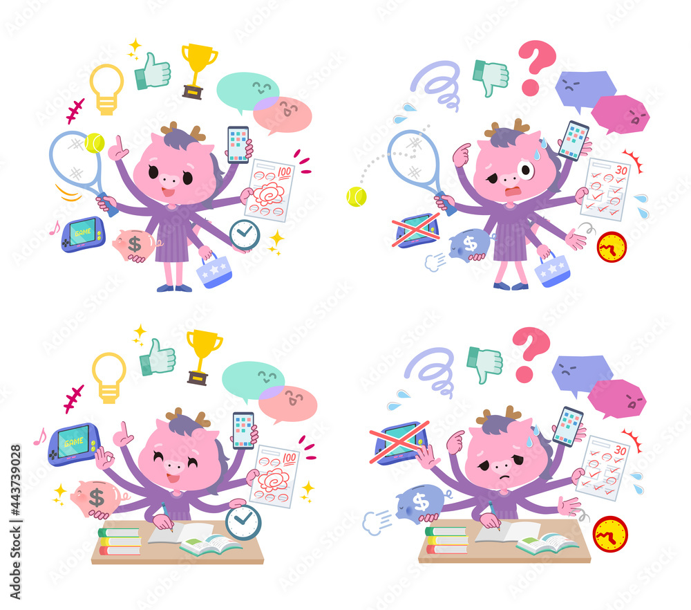 Fototapeta premium マルチタスクをこなす龍の女の子のセット