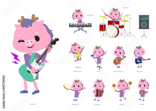 ロックンロールやポップミュージックを演奏する龍の女の子のセット