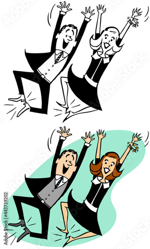 A vintage retro cartoon of an excited couple dancing and kicking up their heels. 