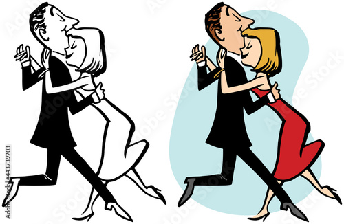 A vintage retro cartoon of a couple performing a slow dance. 