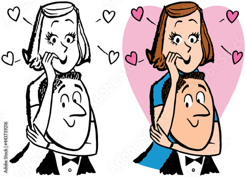 A vintage retro cartoon of a loving married couple. 