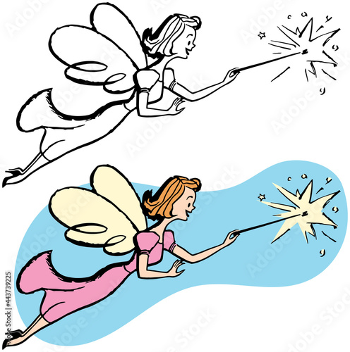 A vintage retro cartoon of a fairy with wings waving a magic wand. 