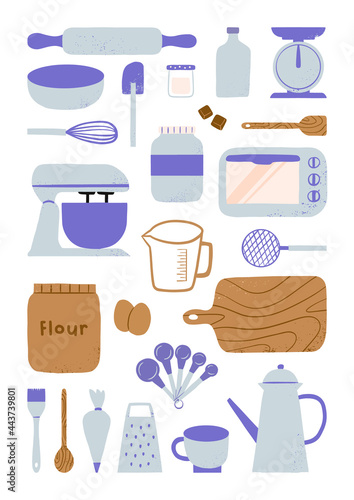 Hand drawn baking tools and equipment bakery kitchen elements illustration