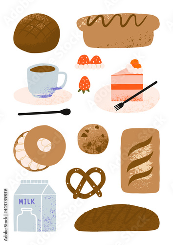 Set of cute hand drawn bread products, cake and coffee shop elements, cafe bakery and pastry cartoon art illustration