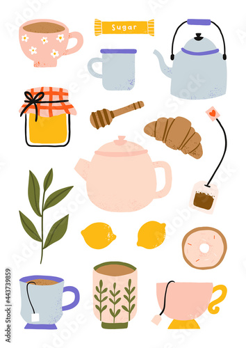 tea elements with teacup, teapot, honey, lemon and croissant collection