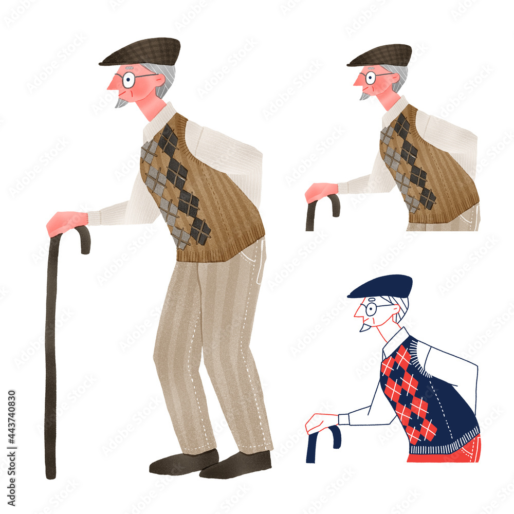 杖をつきながら歩く高齢者の男性全身手描きイラスト Stock Illustration Adobe Stock