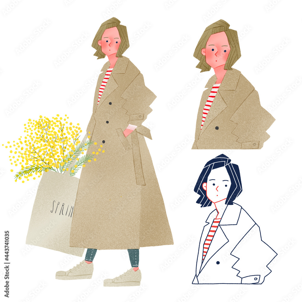 ミモザを持ったおしゃれなトレンチコートファッションの若い女性人物全身手描きイラスト Stock イラスト Adobe Stock ミモザを持ったおしゃれなトレンチコートファッションの若い女性人物全身手描きイラスト Stock イラスト Adobe Stock