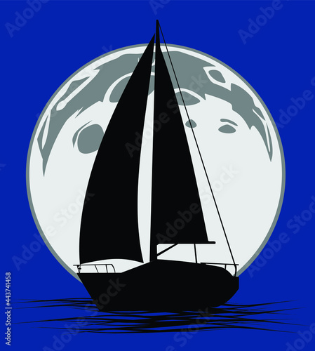 Sailboat silhouette against the moon on calm seas.