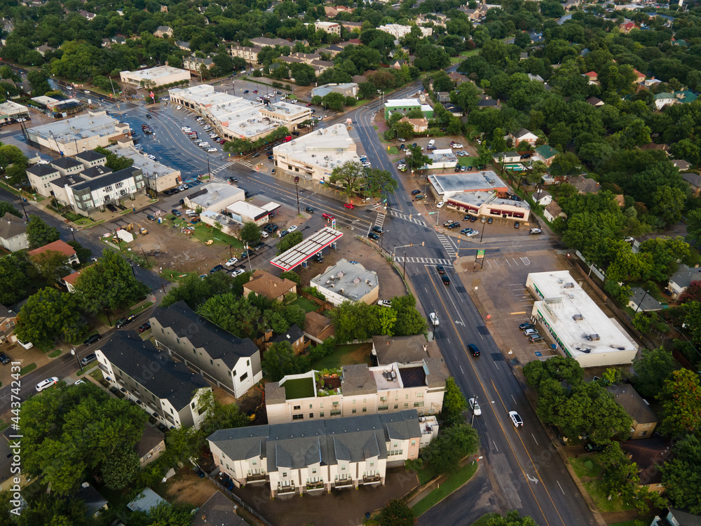 Dallas, Texas \ USA 07-06-2021 Aerial View of Live Oak Street and Skillman Ave in East Dallas Texas 2021
