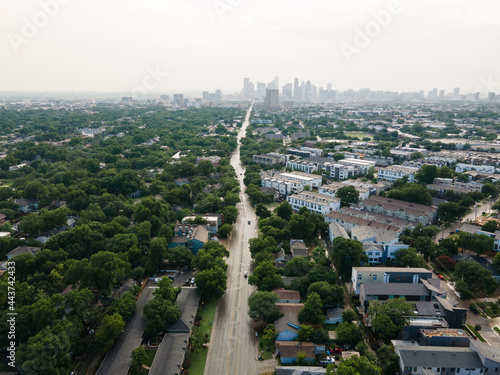 Dallas, Texas \ USA 07-06-2021 Aerial View of Live Oak Street looking toward downtown in East Dallas Texas
