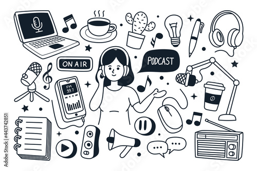Podcast hand drawn doodle vector illustration