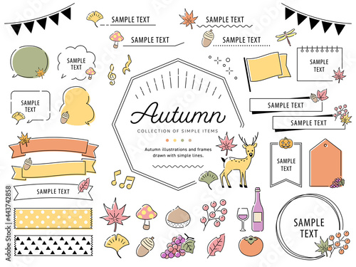 秋のシンプルな線画イラストフレームセット / 紅葉、食べ物、動物、花、果物、あしらい
