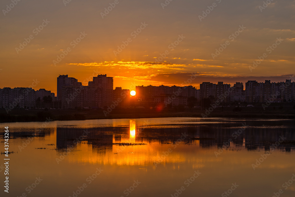 Sunrise over Minsk city buildings, Belarus