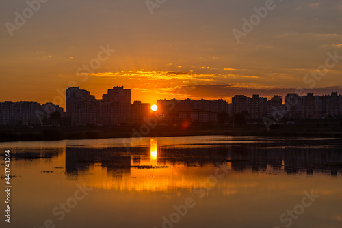Sunrise over Minsk city buildings, Belarus