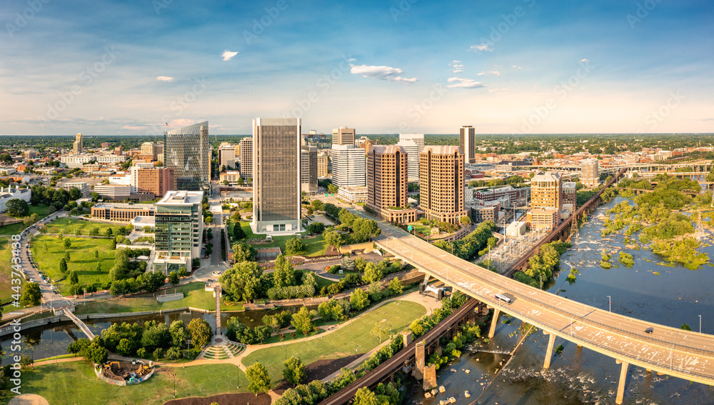 Aerial view of Richmond, Virginia, at sunset. Richmond is the capital city of the Commonwealth of Virginia. Manchester Bridge spans James River