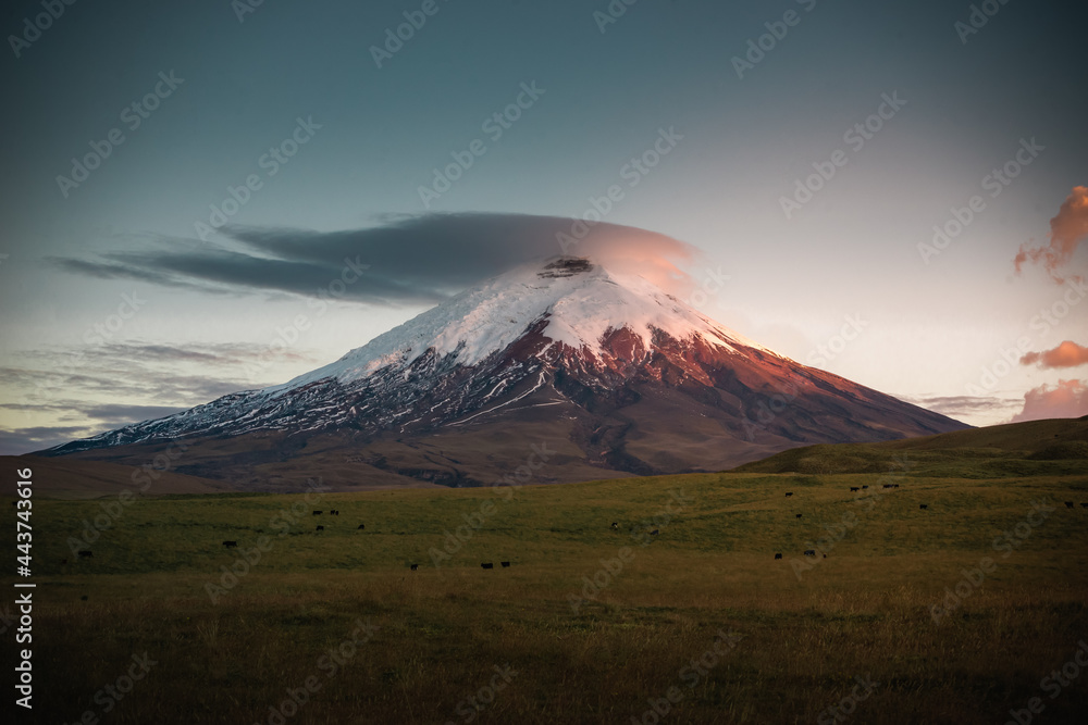 Volcán Cotopaxi en el atardecer en Ecuador. 