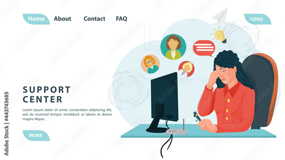 Customer service call center with people a woman in red clothes is tired of working in support for the design of web pages and mobile applications flat design Customer service call center with people a woman in red clothes is tired of working in support for the design of web pages and mobile applications flat design