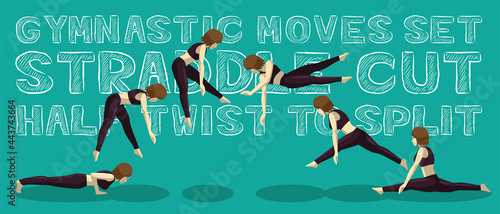 Gymnastic Moves Set Straddle Cut Half Twist to Split Manga Cartoon Vector Illustration