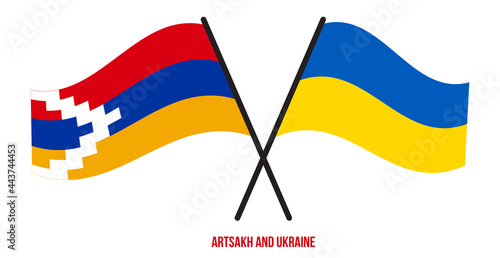 Artsakh and Ukraine Flags Crossed And Waving Flat Style. Official Proportion. Correct Colors.