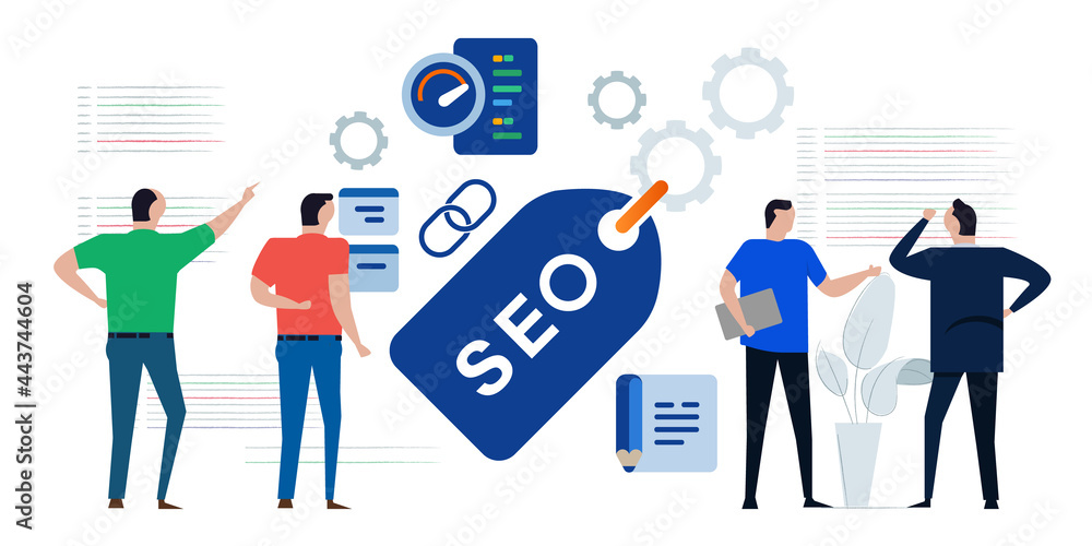 SEO search engine optimization marketing page team discussing analyzing performance code SEO search engine optimization marketing page team discussing analyzing performance code