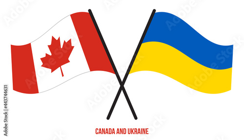 Canada and Ukraine Flags Crossed And Waving Flat Style. Official Proportion. Correct Colors.