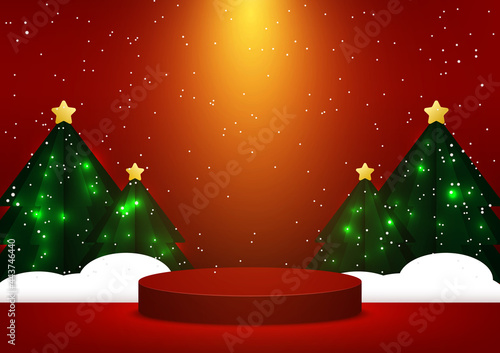 Christmas. Stage podium decorated with scene Christmas tree, white snow, snowfall, and light vivid. Pedestal scene with for product, advertising, show, design on a red background. Vector illustration.