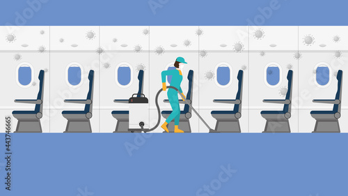 Professional staff cleans in risk area of inside aircraft's cabin. After the spread of the coronavirus covid-19. The pandemic control plan for re-opening airline business after country quarantine. 
