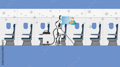 Cleaning robot control by human remote in risk area of virus epidemic and pandemic for protect infection. Artificial intelligence mechanism uses automatic vacuum cleaner inside empty airplane cabin.