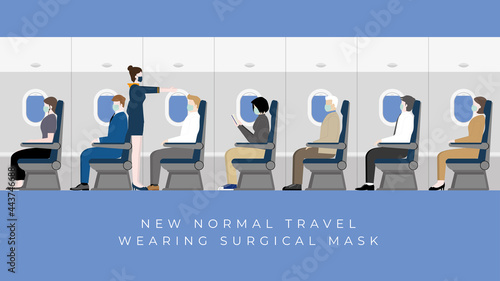 Travel lifestyle concept after pandemic covid-19 coronavirus. Passengers and cabin crew air hostess wearing face masks in the aircraft's cabin for Herd immunity and to prevent transmission of a virus.